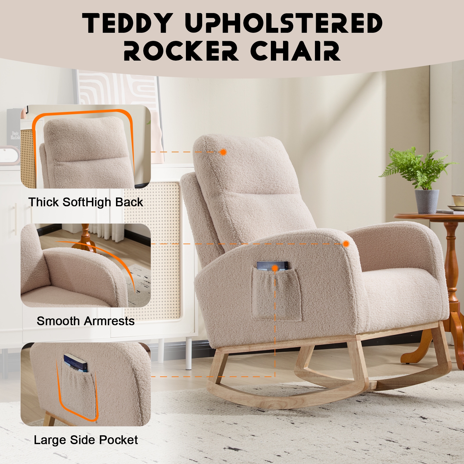 Modern Accent Rocking Chair Rocking Chair With Solid Wood Legs, Upholstered Nursery Glider Rocker, Comfy Armchair With Side Pocket, Living Room Lounge Arm Chair With High Backrest (Beige,teddy)_voghion.com